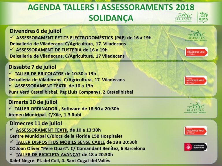 No et perdis els tallers i assessoraments de la setmana que ve!!