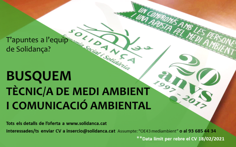 Oferta de treball: Busquem tècnic/a de medi ambient i comunicació ambiental.  Suma’t a l’equip de Solidança!