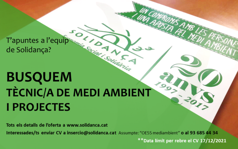 Oferta de treball: Busquem tècnic/a de medi ambient i projectes.  Suma’t a l’equip de Solidança!
