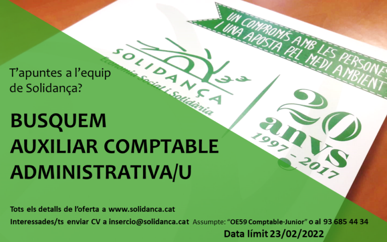 Oferta de treball: Auxiliar comptable administratiu/a. Suma’t a l’equip de Solidança!